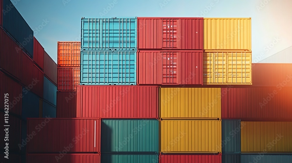 Stacked shipping containers in various colors, representing global trade and connectivity. Stacked shipping containers in various colors, representing global trade and connectivity.