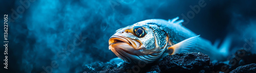 A close-up of a vibrant fish resting on dark rocks in an underwater scene.