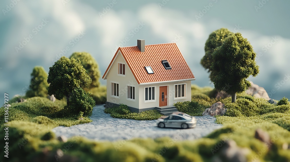 Miniature house model with car on a hill, surrounded by lush greenery. Miniature house model with car on a hill, surrounded by lush greenery.