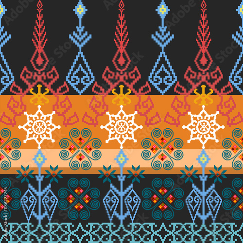 Traditional Thai cloth pattern clothing Thai ethnic sarong Cross-stitch pattern in Pixel Seamless Vector format using geometric shapes arranged into various shapes such as flowers, stars