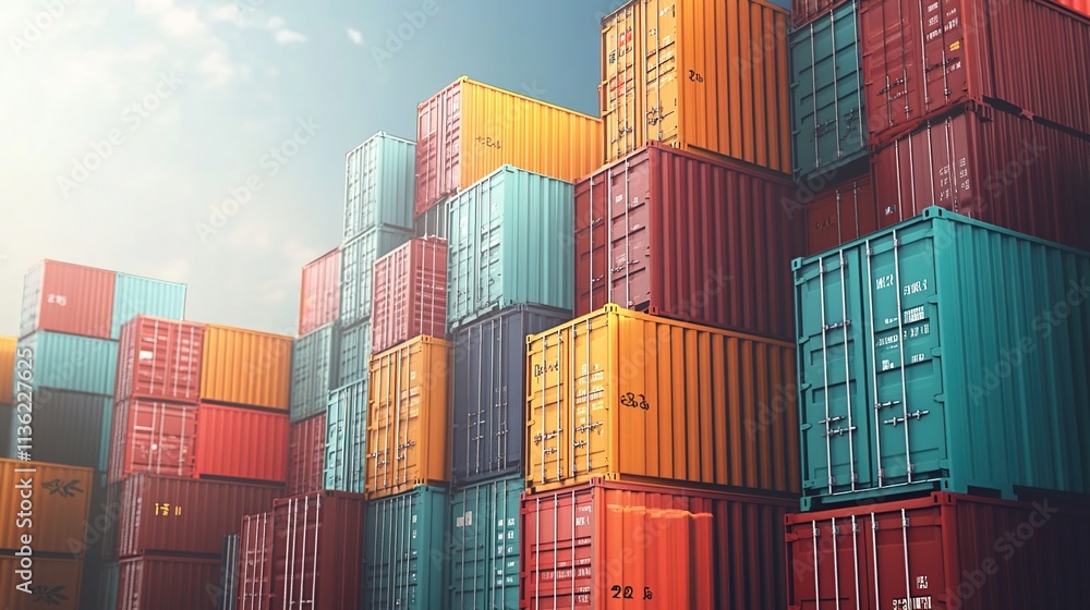 Fototapeta premium Stacked shipping containers in various colors, representing global trade and connectivity.