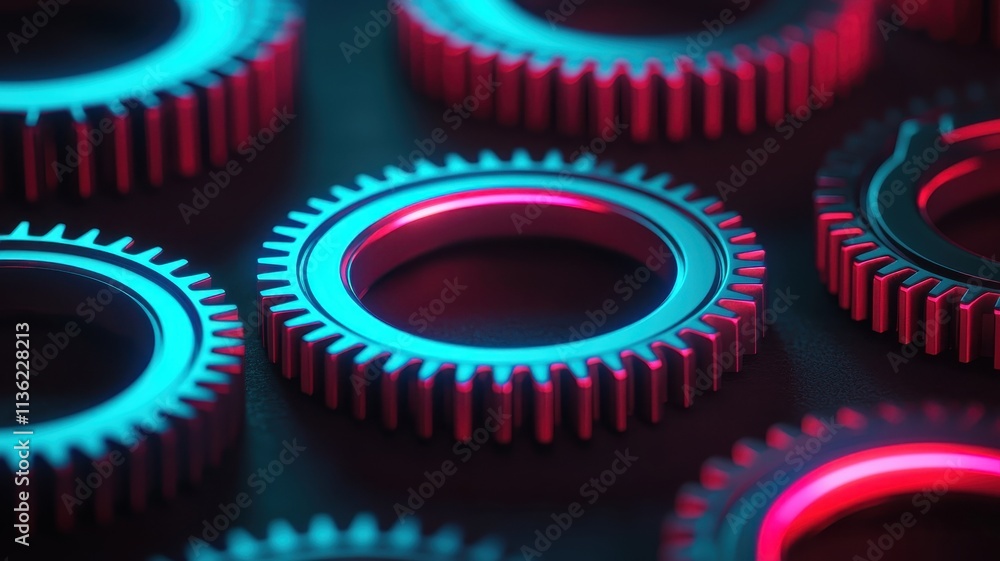 Neon Glowing Gears 3D Render of Metallic Cogs Neon Glowing Gears 3D Render of Metallic Cogs