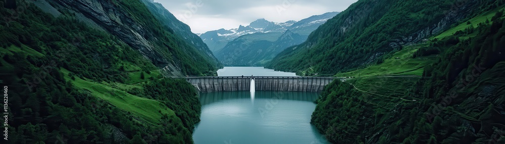 Obraz premium Majestic Alpine Dam Green Mountains Aerial View Lake Power Station Switzerland
