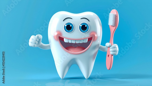 Smiling 3D cartoon Carecter tooth with toothbrush in his hands. White healthy tooth on blue background photo