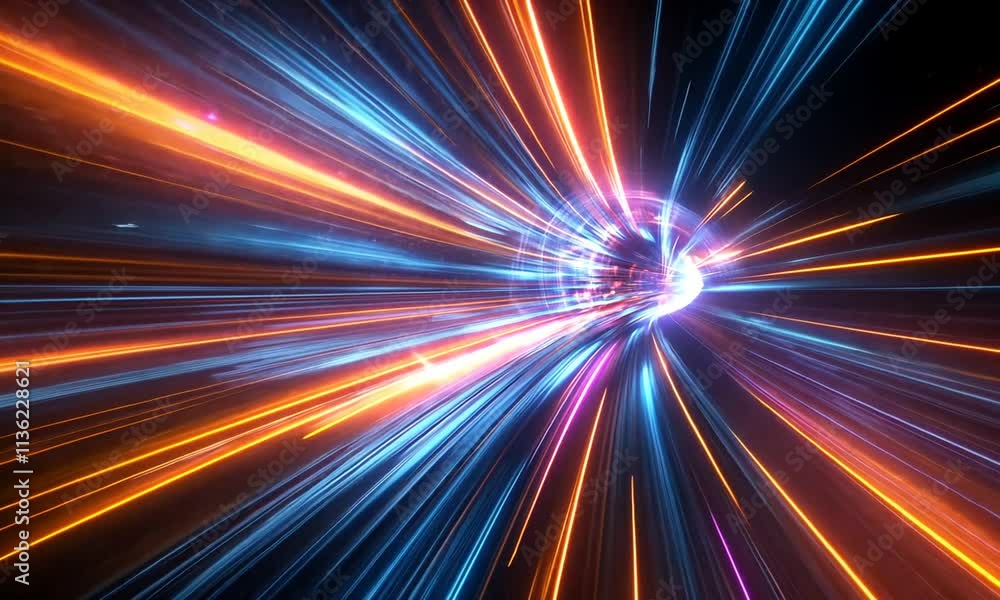 Vibrant Burst of Light Trails in Space with Colorful Rays and Dynamic Motion Effect, Ideal for Concepts of Energy, Speed, and Technology Vibrant Burst of Light Trails in Space with Colorful Rays and Dynamic Motion Effect, Ideal for Concepts of Energy, Speed, and Technology