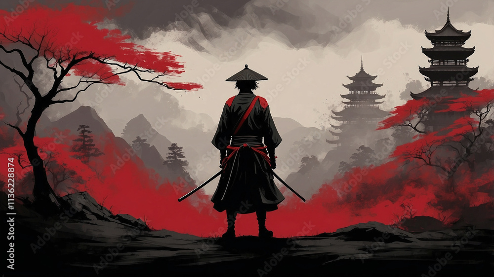 Fototapeta premium Minimalist Samurai Silhouette in Red and Black Smoke