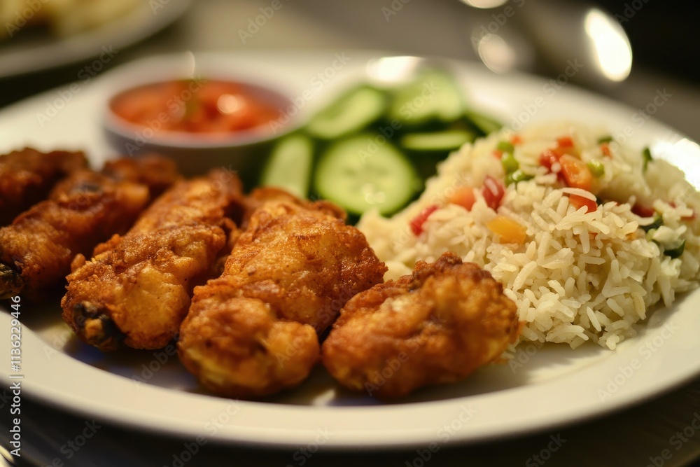 A plate of crispy chicken wings served with rice, cucumber, and dipping sauce. A plate of crispy chicken wings served with rice, cucumber, and dipping sauce.