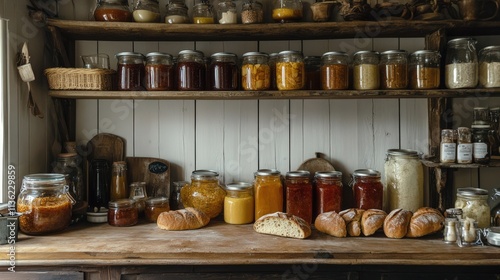 Wallpaper Mural Rustic kitchen shelves stocked with preserved foods and bread Torontodigital.ca