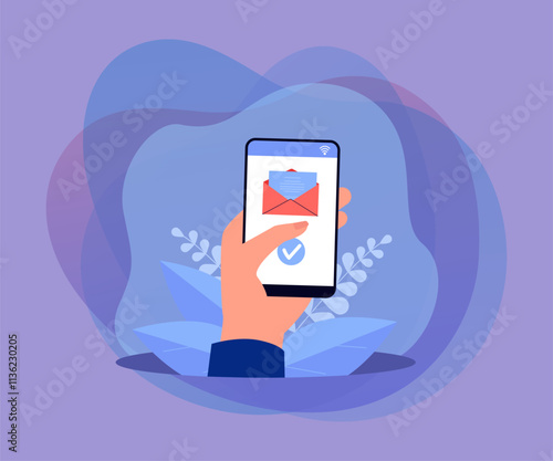 Hand holding cellphone with letter in envelope on screen. Office worker sending or receiving email flat vector illustration. Communication, technology, internet concept for banner, website design
