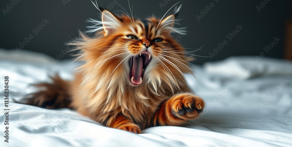 Naklejka premium A fluffy cat displays its joyful energy by stretching and yawning, creating a charming moment in a tranquil indoor environment