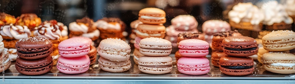 Delicious Macarons Pastries in Bakery Display Window Delicious Macarons Pastries in Bakery Display Window