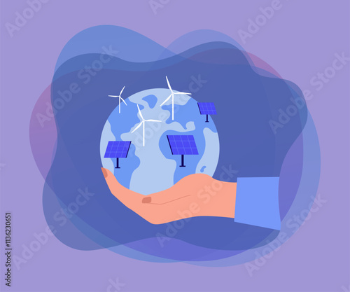 Hand holding globe with solar panels and wind turbines. Alternative sources of energy flat vector illustration. Ecology, environment, green energy concept for banner, website design or landing page