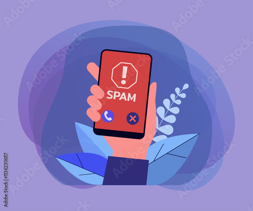 Hand holding smartphone with spam call warning on screen. Dangerous call flat vector illustration. Spam, security, internet concept for banner, website design or landing web page