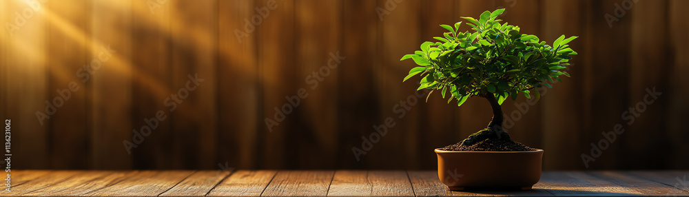 A vibrant potted plant basking in warm sunlight on a wooden surface. A vibrant potted plant basking in warm sunlight on a wooden surface.