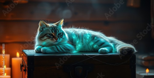 A serene feline lounges gracefully on an old wooden chest, illuminated by the warm glow of candles. The rustic ambiance adds charm as dusk settles in