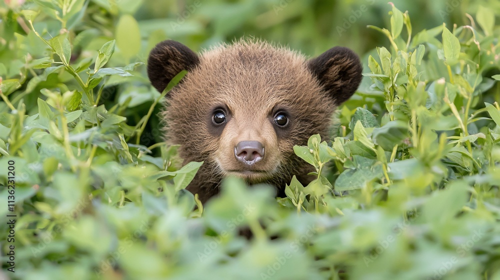 Fototapeta premium Adorable brown bear cub peeking from green bushes.