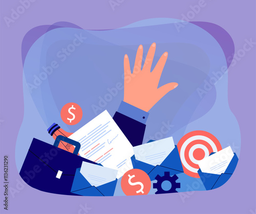 Hand of busy employee coming out of pile of paperwork. Overworked worker under emails and documents flat vector illustration. Time management, organization, stress concept for banner, website design
