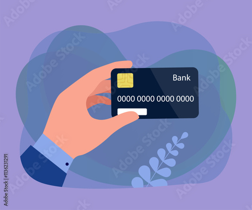 Hand of businessman or entrepreneur holding credit card. Person using digital payment method flat vector illustration. Finances, banking, shopping, wealth concept for banner or landing web page