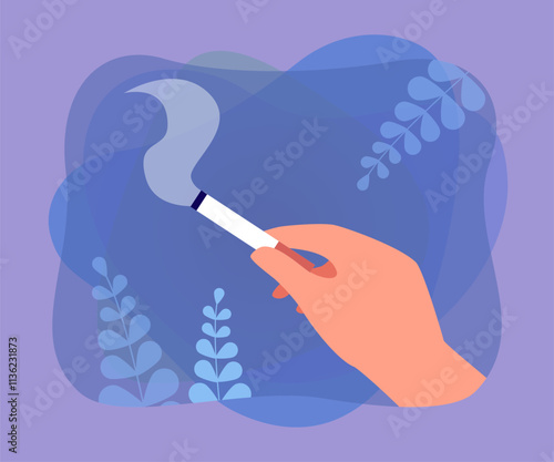 Hand of smoker holding cigarette with smoke. Person smoking flat vector illustration. Addiction, health, bad habits concept for banner, website design or landing web page