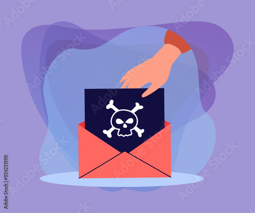 Hand opening envelope with picture of skeleton skull. Person receiving threat, spam message or virus warning flat vector illustration. Blackmail, internet, danger concept for banner, website design