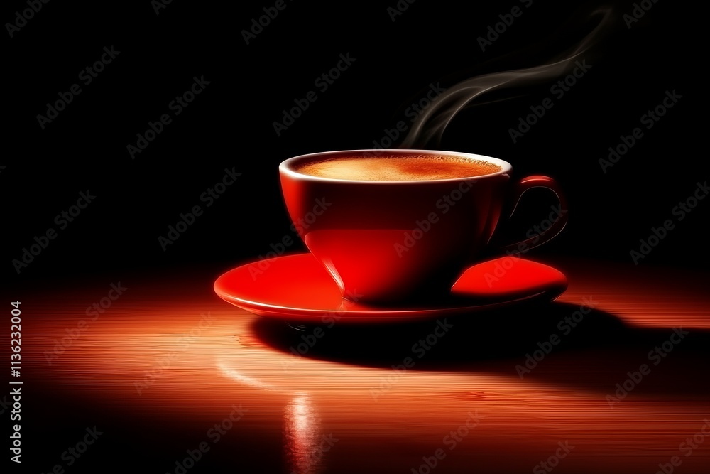 Aromatic Red Espresso Cup on Wooden Table: Dark Coffee Aromatic Red Espresso Cup on Wooden Table: Dark Coffee