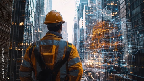 Construction Worker Utilizing Advanced Technology for Building Design and Urban Development in Modern City photo