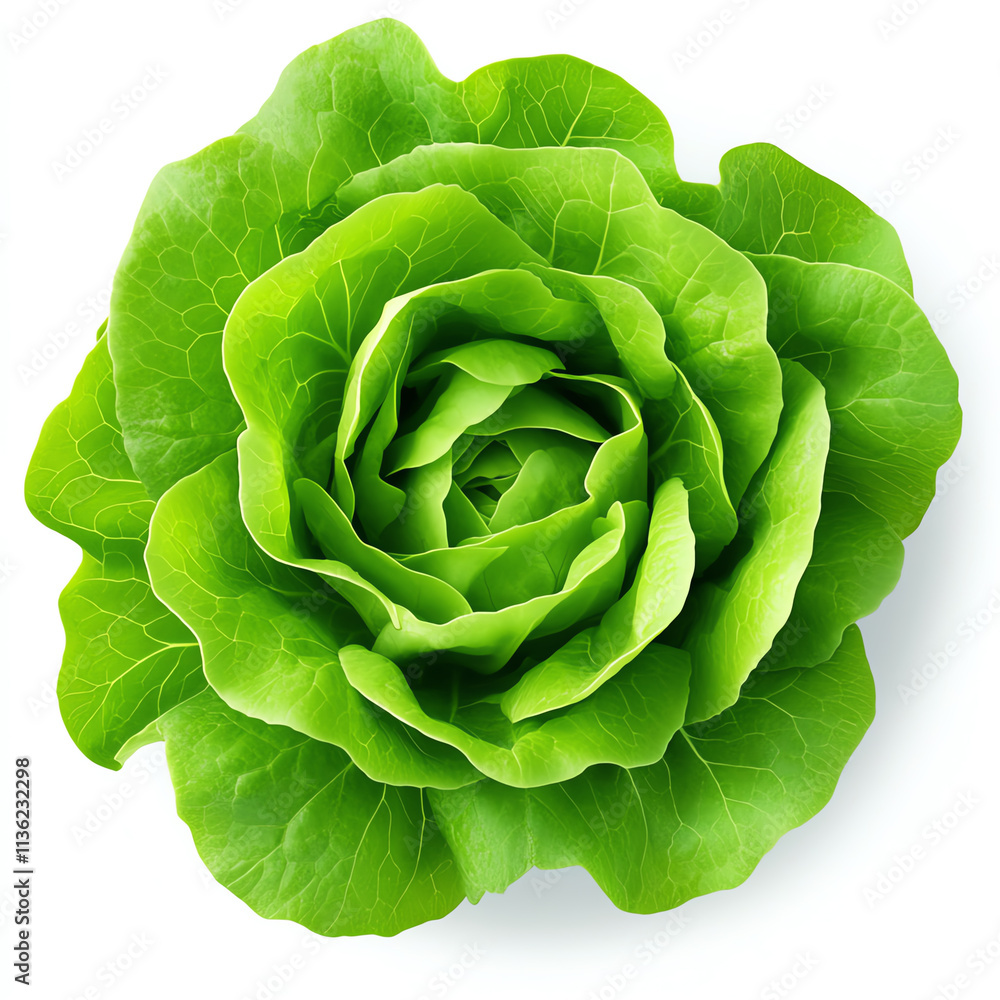 Fototapeta premium Fresh green lettuce head with crisp leaves on a white background.