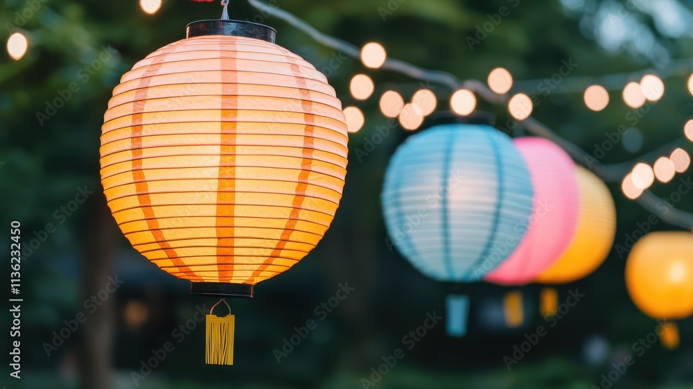 Fototapeta premium Illuminated Paper Lanterns Hanging Outdoors at Night Party
