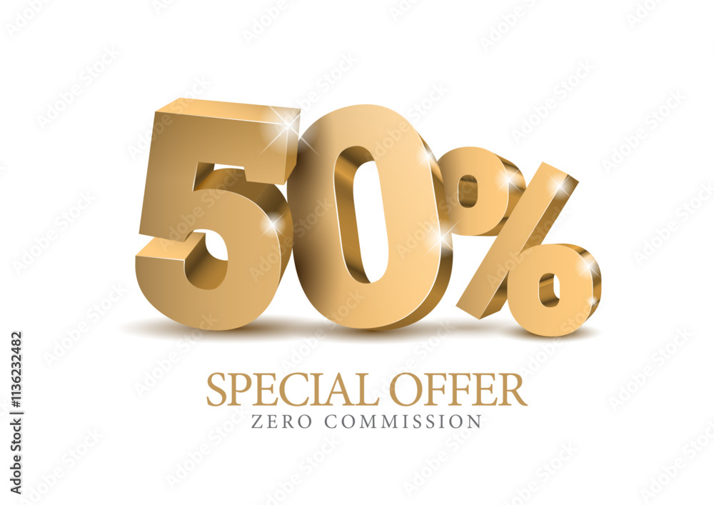 50 percent number. Fifty number in gold 3d. Poster template for discount, sale discount, work progress. Vector illustration 50 percent number. Fifty number in gold 3d. Poster template for discount, sale discount, work progress. Vector illustration