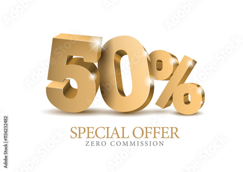 50 percent number. Fifty number in gold 3d. Poster template for discount, sale discount, work progress. Vector illustration