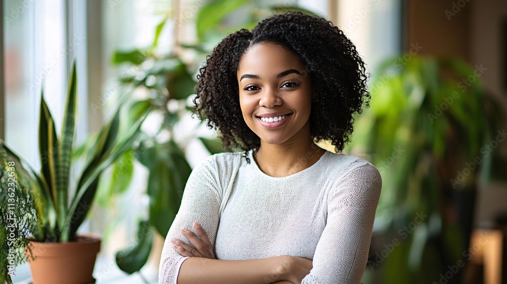 Young woman smiling with crossed arms, enjoying her houseplants Young woman smiling with crossed arms, enjoying her houseplants