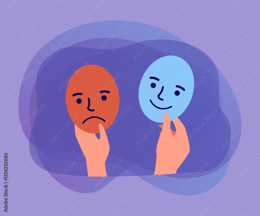 Hands holding masks with happy and sad faces. Person choosing facial expression for hiding feelings flat vector illustration. Psychology, emotion concept for banner, website design or landing web page Hands holding masks with happy and sad faces. Person choosing facial expression for hiding feelings flat vector illustration. Psychology, emotion concept for banner, website design or landing web page