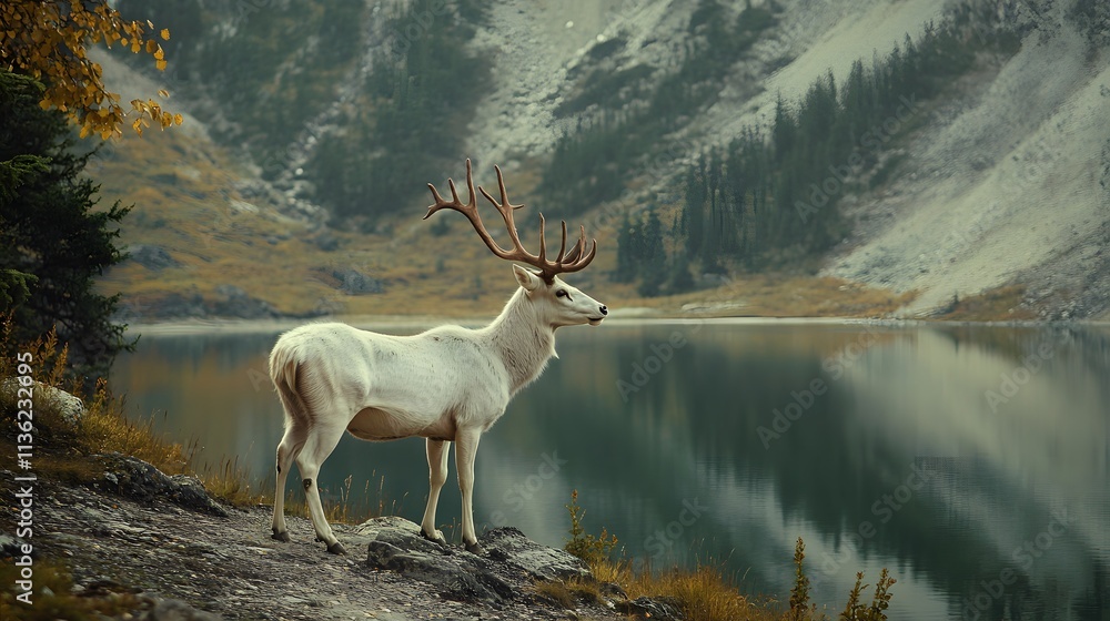 Obraz premium A majestic white deer with perfect antlers, with beautiful lake and mountain views