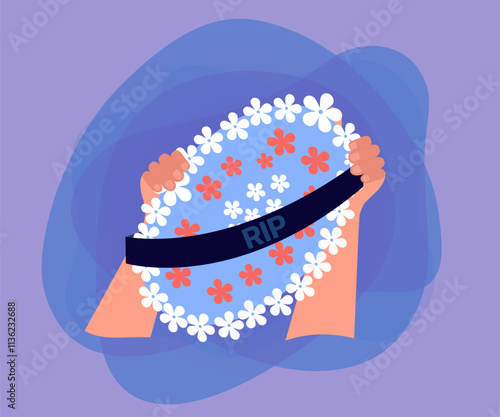 Hands holding floral funeral tribute with RIP on ribbon. Wreath for memorial flat vector illustration. Funeral, death, grief concept for banner, website design or landing web page
