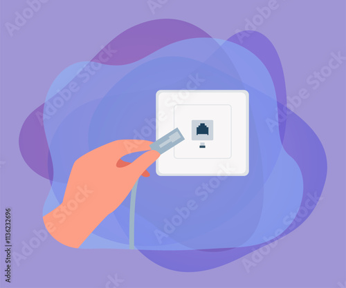 Hand plugging internet cable into wall socket. Network cable, Wi-Fi connection flat vector illustration. Internet, technology concept for banner, website design or landing web page