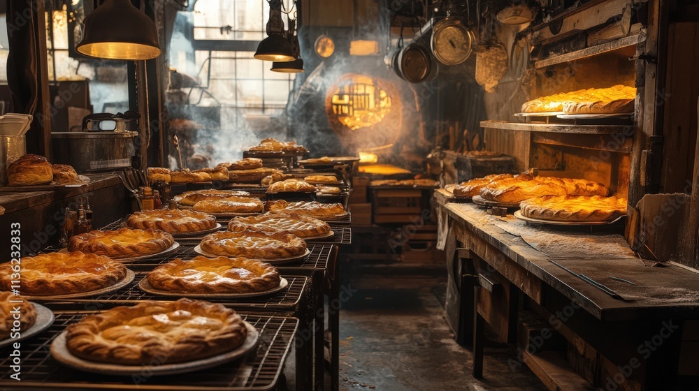 Golden Brown Pies Cooling In A Rustic Bakery Oven Golden Brown Pies Cooling In A Rustic Bakery Oven