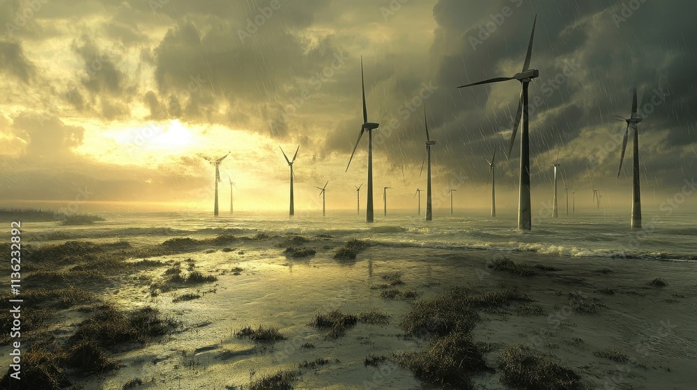 Obraz premium Offshore Wind Turbines Facing Rising Waters in Dramatic Coastal Landscape