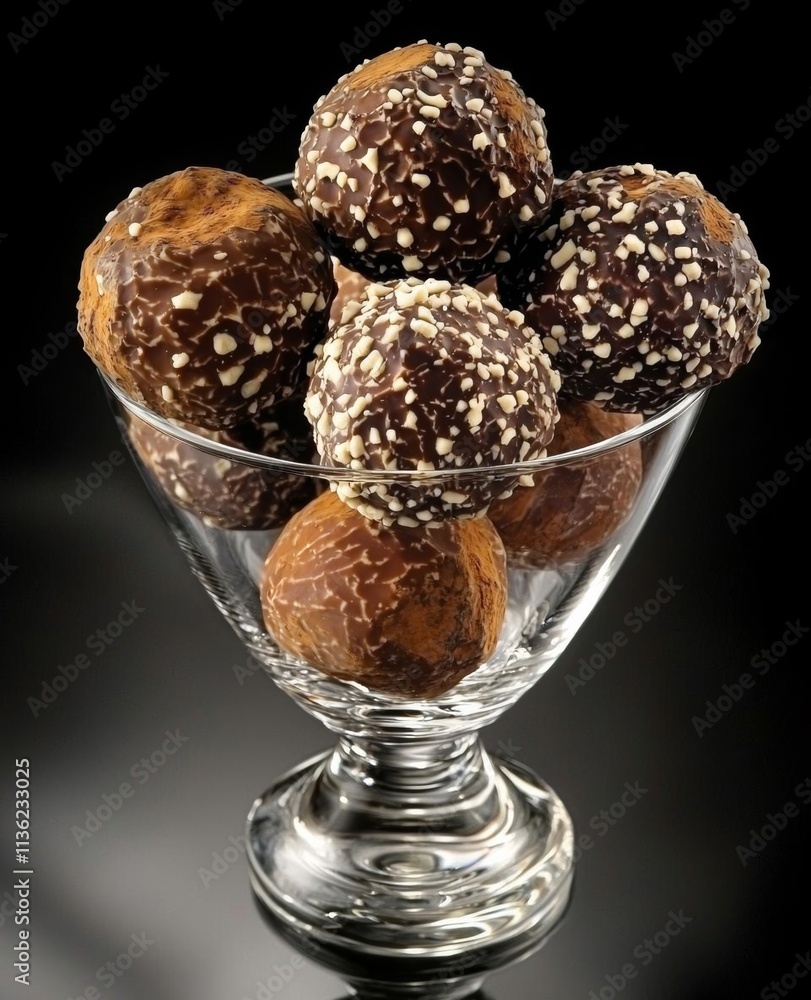 Still life of a truffle placed on the pedestal in glass on black background , isolated on white background, , copy space, copy space for text, Still life of a truffle placed on the pedestal in glass on black background , isolated on white background, , copy space, copy space for text,