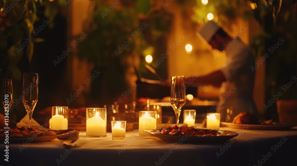 Naklejka premium Romantic Candlelit Dinner Table Setting With Chef