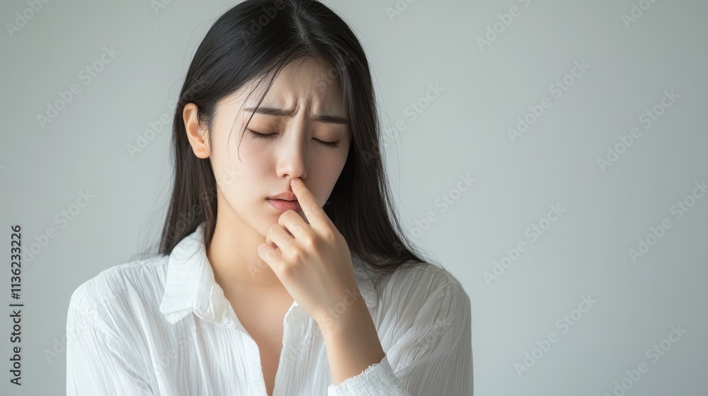 Young woman touching her face with a pained expression Young woman touching her face with a pained expression