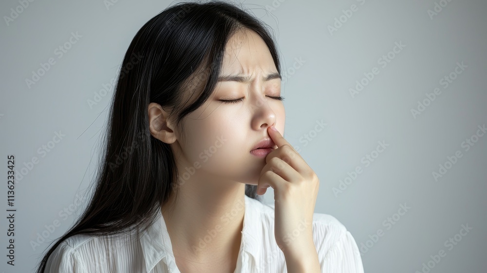 Young woman touching her face with a pained expression Young woman touching her face with a pained expression