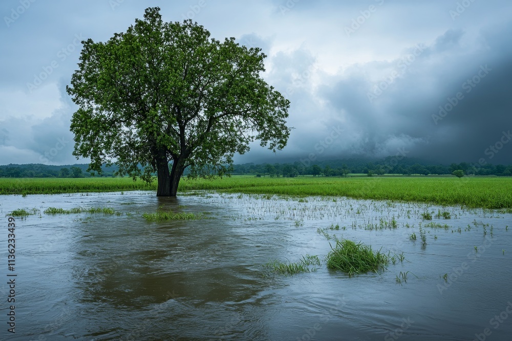 Solitary Tree in a Flooded Rice Paddy Under a Stormy Sky Solitary Tree in a Flooded Rice Paddy Under a Stormy Sky