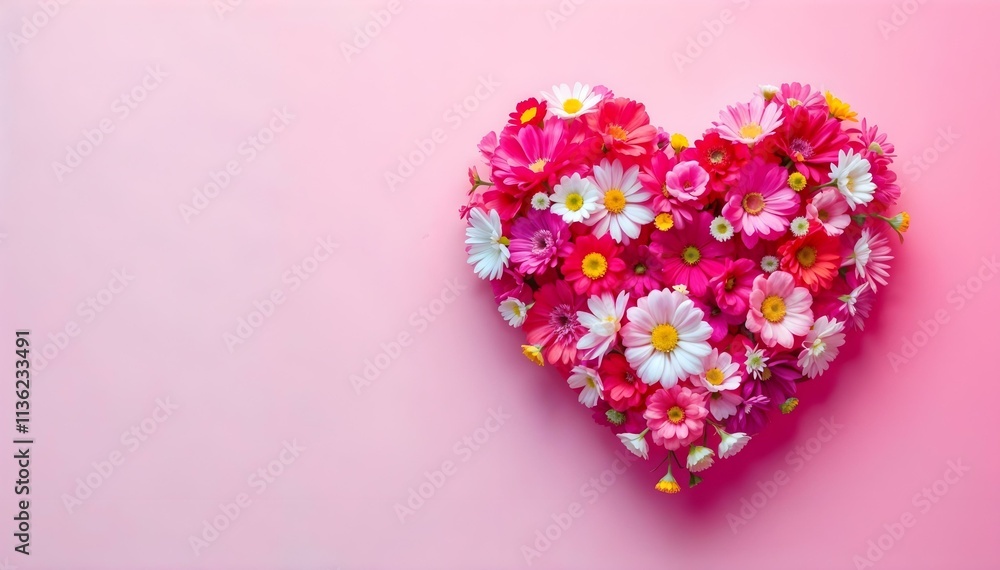 Colorful flowers in the shape of a heart on a pink background Colorful flowers in the shape of a heart on a pink background