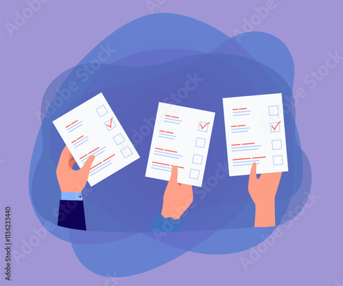 Hands of job candidates holding resumes or applications. Workers or students holding documents flat vector illustration. Recruitment, hiring, education, paperwork concept for banner, website design