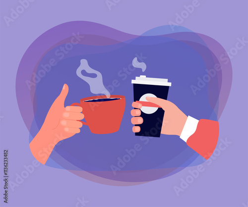 Hands of friends or colleagues holding cup and mug with coffee. People drinking hot drink flat vector illustration. Communication, friendship, coffee break concept for banner or landing web page