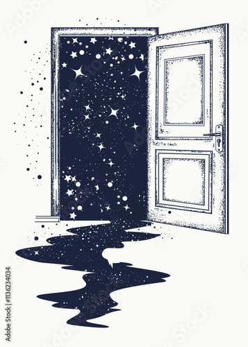 Open door in universe and space river, tattoo. Symbol of imagination, creative idea and motivation, new life. Surreal art