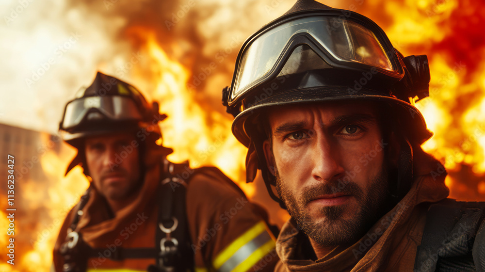 Courageous firefighters confronting blazing flames in a dramatic emergency scene Courageous firefighters confronting blazing flames in a dramatic emergency scene