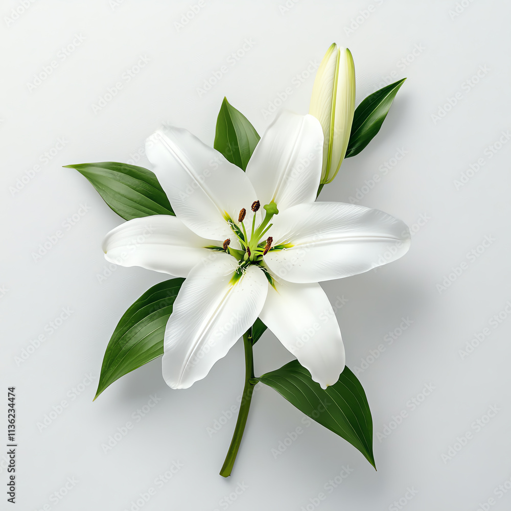 A beautiful white lily flower with green leaves on a soft background. A beautiful white lily flower with green leaves on a soft background.