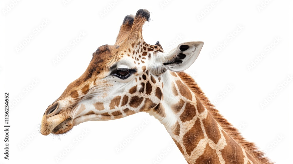 Close Up Giraffe Side Profile with Detailed Spots on White Background Close Up Giraffe Side Profile with Detailed Spots on White Background