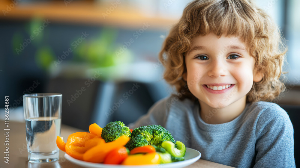 Happy Child Enjoying Fresh Vegetables and Water in Bright Dining Environment Happy Child Enjoying Fresh Vegetables and Water in Bright Dining Environment